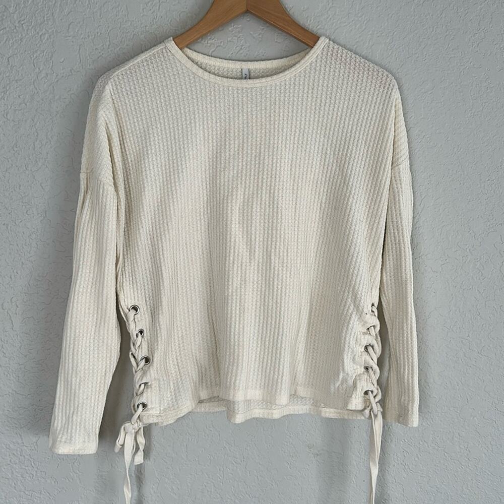 Ivory Waffle Thermal Knit Long Sleeve Top Lace Up Side Nautical Beach Vacation